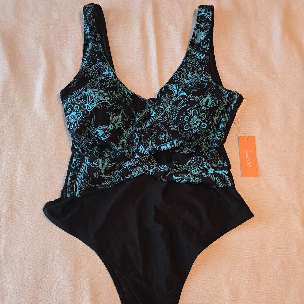 Lunabelle Black Teal Paisley One Piece Swimsuit Size XXL NWT Twist Front